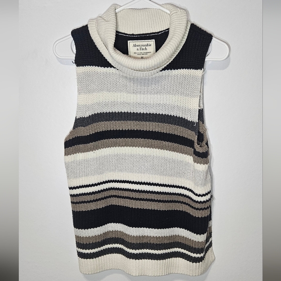 Abercrombie & Fitch Striped Roll Neck Knit Sweather Tank Med Blue White Tan B9 - Picture 1 of 6